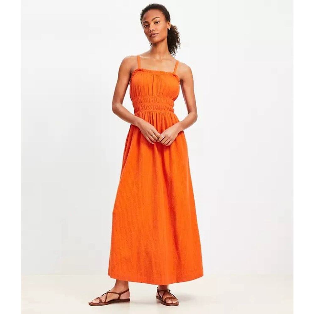 LOFT Women's Petite Poplin Shirred Strappy Pocket Maxi Dress Orange XXL Cotton